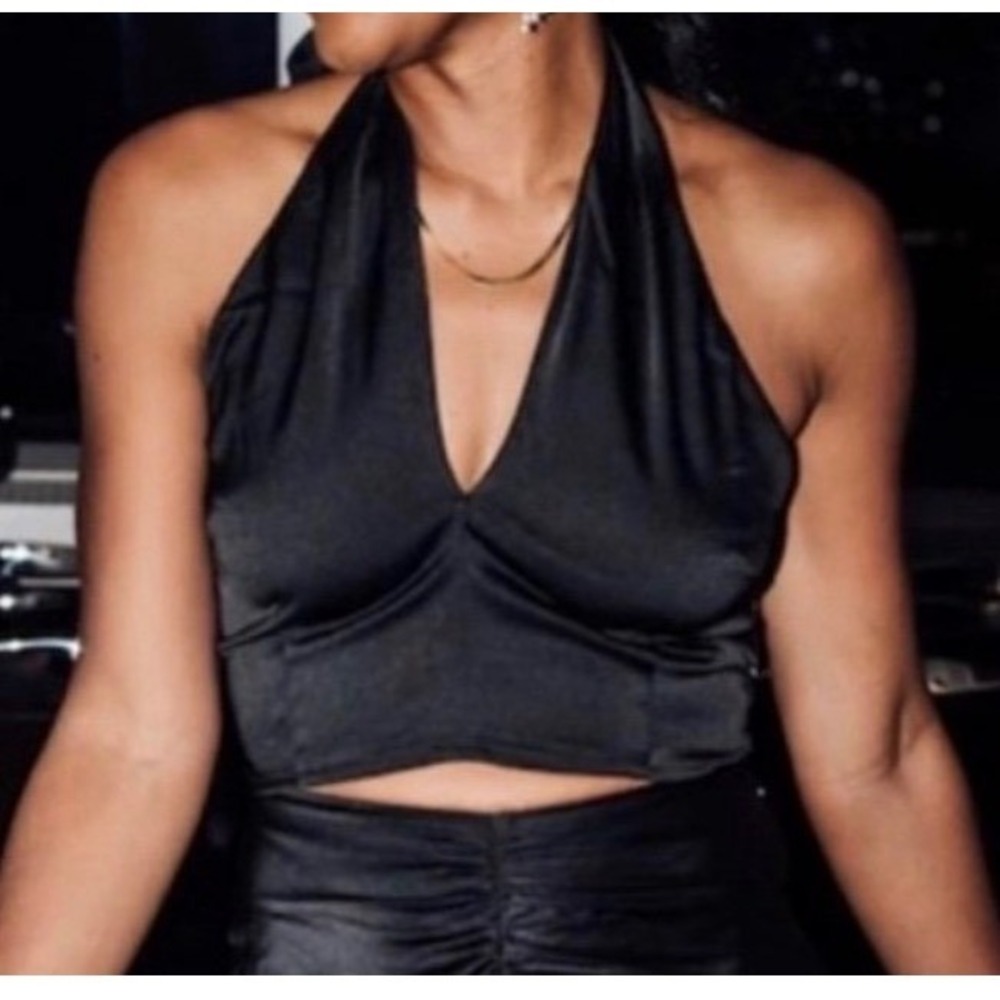 Abercrombie & Fitch Halter Top Satin Smocked Back Y2K Women Medium Black